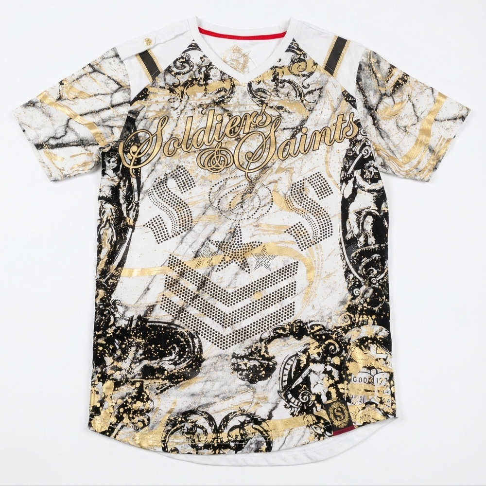 Soldiers & Saints Men's Graphic V-Neck Tee in White,‎ Black & Gold XL Y2K Street